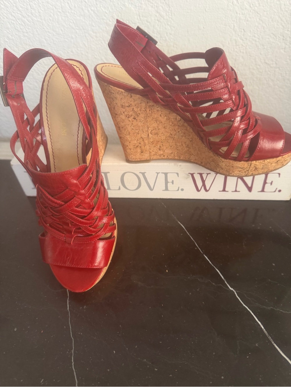 Enzo Angiolini "Vanida" Red Leather Woven Strappy Cork Wedge Sandals